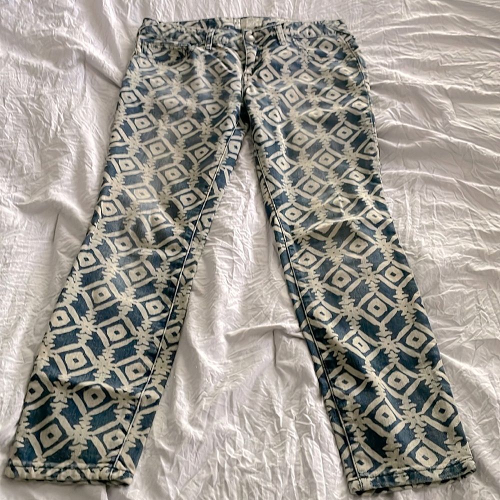 Free People Geometric Diamond Print Cropped Ankle Jeans Boho Blue Cream Size 27
